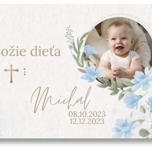 Personal Banner na krstiny s fotkou - Blue Flowers Rozmer banner: 130 x 260 cm - namety na prve svate prijimanie, dakovna rec na prve svate prijimanie, doplnky na svate prijimanie, výzdoba kostola na prvé sväté prijímanie, 1 svate prijimanie oslava, prve svate prijimanie doplnky na oslavu,  1 svate prijimanie sviecka, prve svate prijimanie girlandy